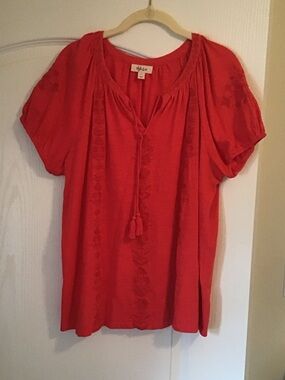 Style & Co. Red Coral Embroidered Peasant Top